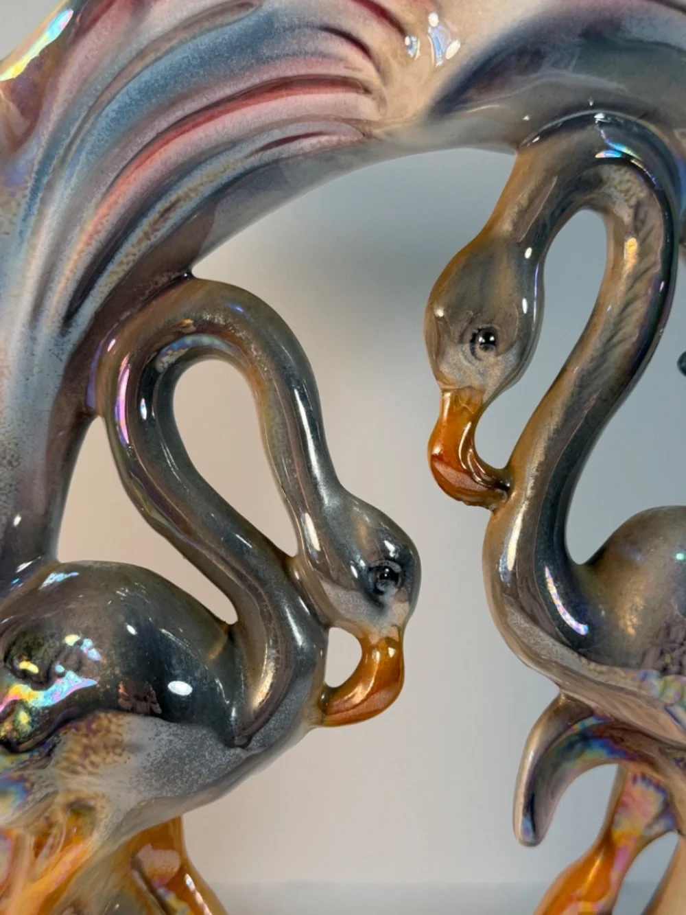 Vintage Large Iridescent Flamingoes Lustreware Double Vase 12.5